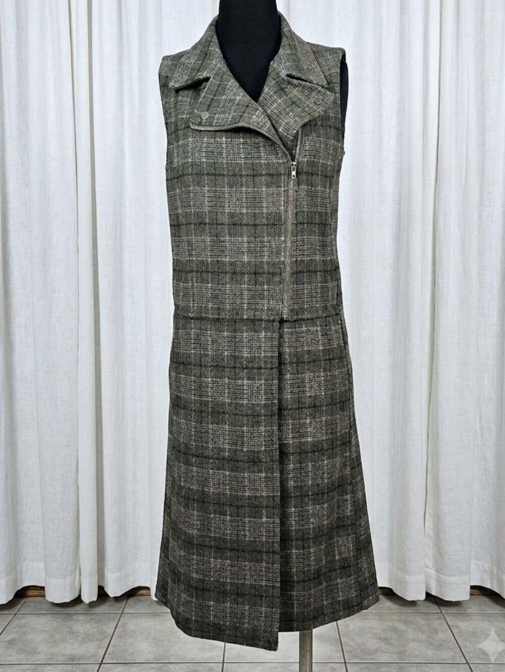 Lysse Olive Gray Plaid Sleeveless Moto Sheath Dress/Vest.